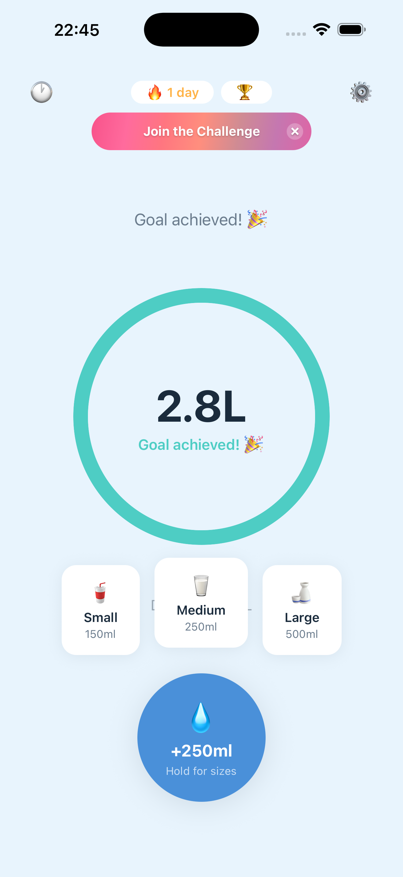 Home screen showing progress ring and quick log button