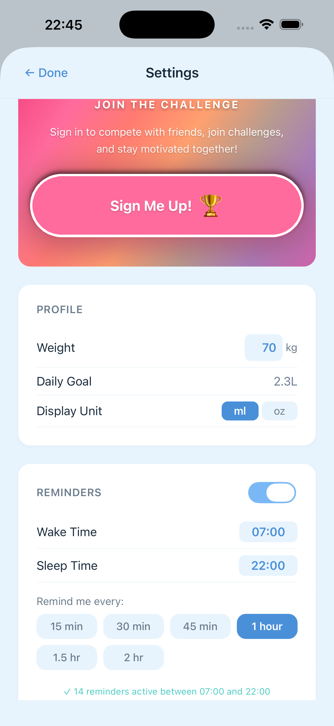 Settings screen with customisation options